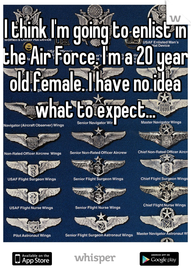 I think I'm going to enlist in the Air Force. I'm a 20 year old female. I have no idea what to expect...