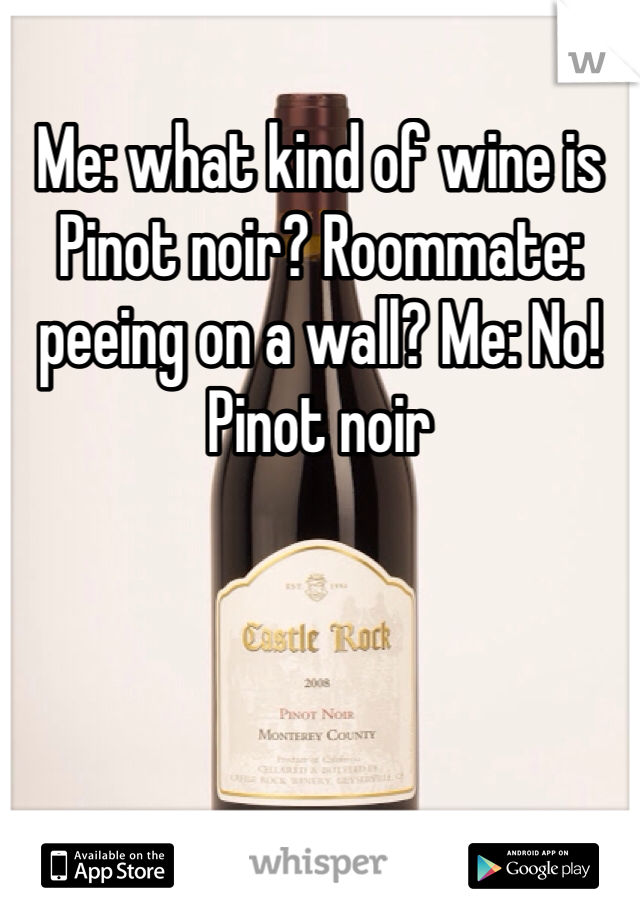 Me: what kind of wine is Pinot noir? Roommate: peeing on a wall? Me: No! Pinot noir