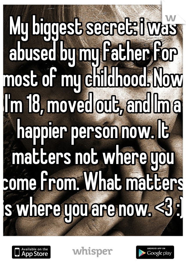 My biggest secret: i was abused by my father for most of my childhood. Now I'm 18, moved out, and Im a happier person now. It matters not where you come from. What matters is where you are now. <3 :)