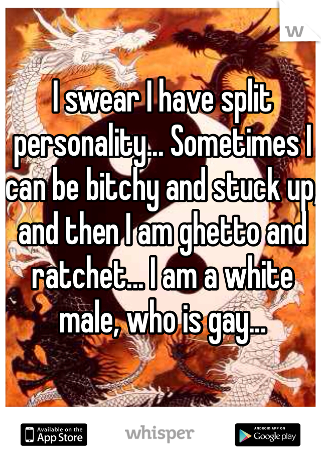 I swear I have split personality... Sometimes I can be bitchy and stuck up, and then I am ghetto and ratchet... I am a white male, who is gay...