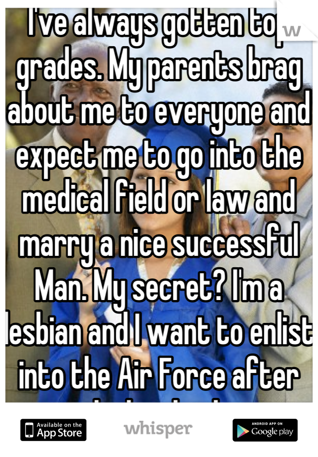 I've always gotten top grades. My parents brag about me to everyone and expect me to go into the medical field or law and marry a nice successful Man. My secret? I'm a lesbian and I want to enlist into the Air Force after high school.