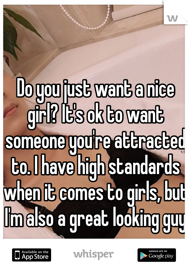 Do you just want a nice girl? It's ok to want someone you're attracted to. I have high standards when it comes to girls, but I'm also a great looking guy so.