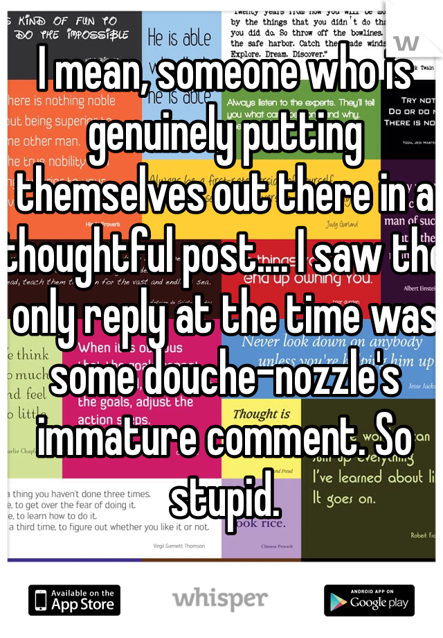 I mean, someone who is genuinely putting themselves out there in a thoughtful post.... I saw the only reply at the time was some douche-nozzle's immature comment. So stupid.