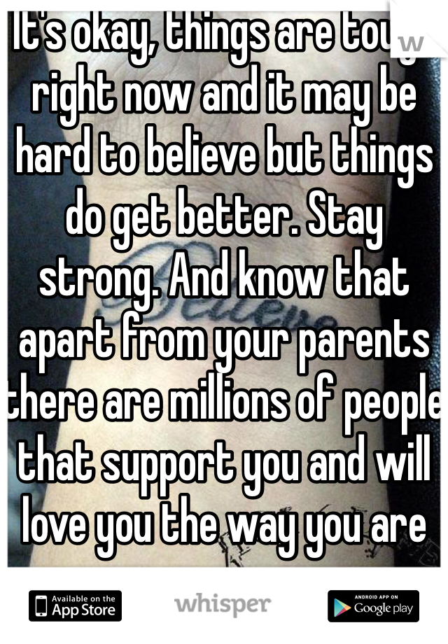 It's okay, things are tough right now and it may be hard to believe but things do get better. Stay strong. And know that apart from your parents there are millions of people that support you and will love you the way you are