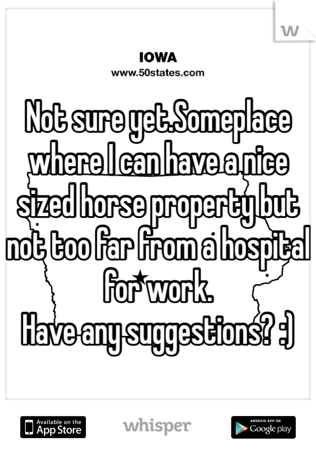 Not sure yet.Someplace where I can have a nice sized horse property but not too far from a hospital for work.
Have any suggestions? :)