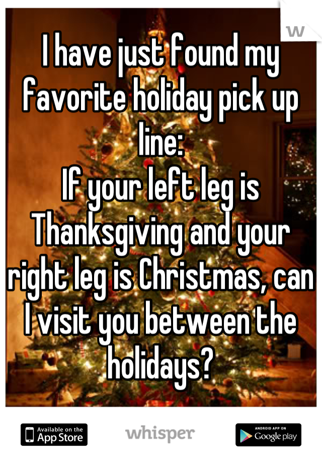 I have just found my favorite holiday pick up line: 
If your left leg is Thanksgiving and your right leg is Christmas, can I visit you between the holidays?