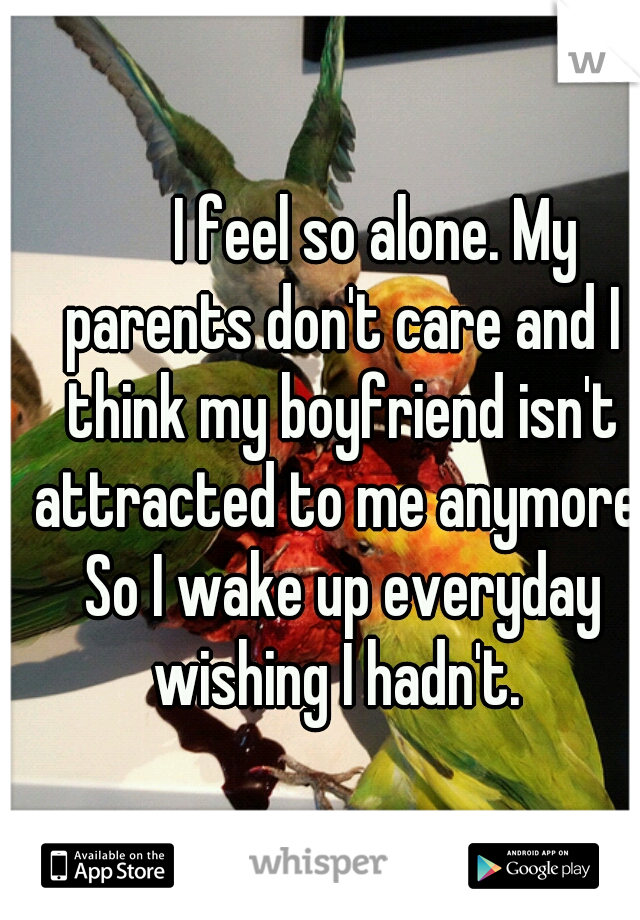       I feel so alone. My parents don't care and I think my boyfriend isn't attracted to me anymore. So I wake up everyday wishing I hadn't. 
