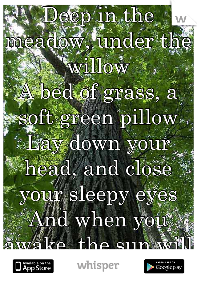Deep in the meadow, under the willow
A bed of grass, a soft green pillow
Lay down your head, and close your sleepy eyes
And when you awake, the sun will rise.
