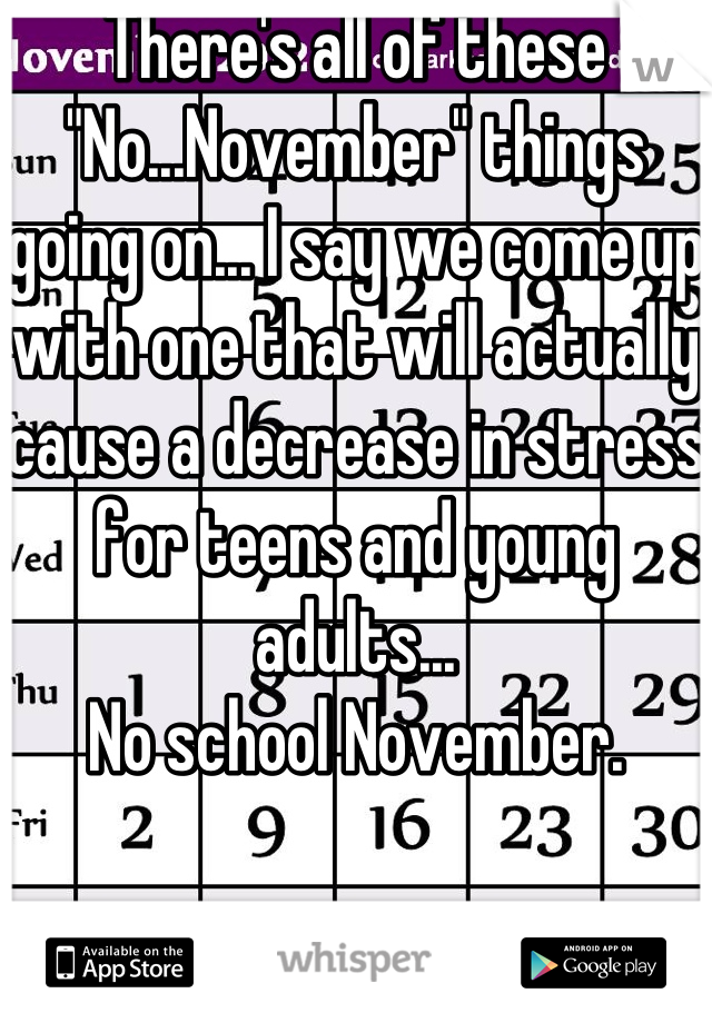 There's all of these "No...November" things going on... I say we come up with one that will actually cause a decrease in stress for teens and young adults... 
No school November.