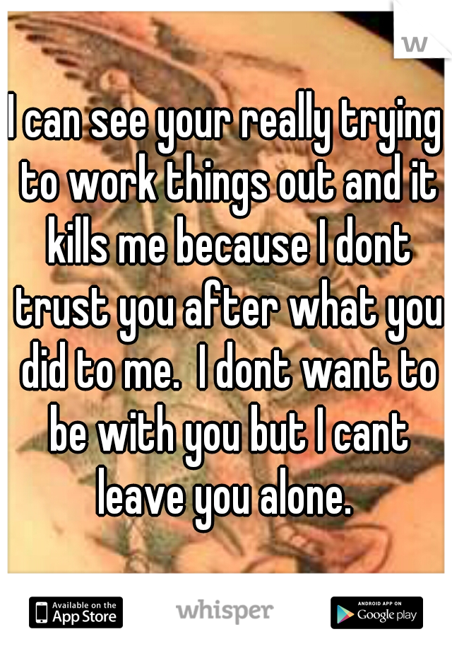 I can see your really trying to work things out and it kills me because I dont trust you after what you did to me.  I dont want to be with you but I cant leave you alone. 