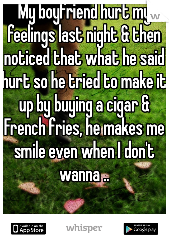My boyfriend hurt my feelings last night & then noticed that what he said hurt so he tried to make it up by buying a cigar & French fries, he makes me smile even when I don't wanna ..