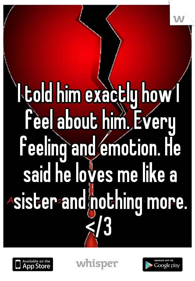 I told him exactly how I feel about him. Every feeling and emotion. He said he loves me like a sister and nothing more. </3 