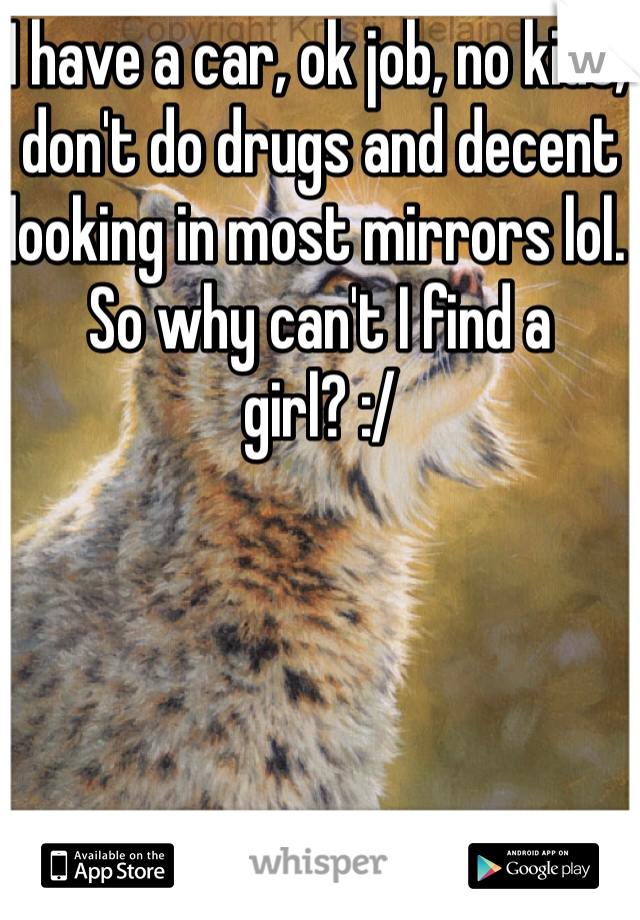 I have a car, ok job, no kids, don't do drugs and decent looking in most mirrors lol. So why can't I find a girl? :/