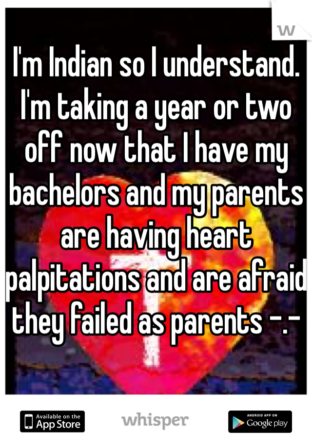 I'm Indian so I understand. 
I'm taking a year or two off now that I have my bachelors and my parents are having heart palpitations and are afraid they failed as parents -.-