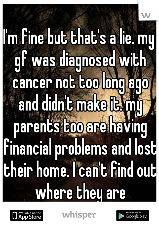 I'm fine but that's a lie. my gf was diagnosed with cancer not too long ago and didn't make it. my parents too are having financial problems and lost their home. I can't find out where they are