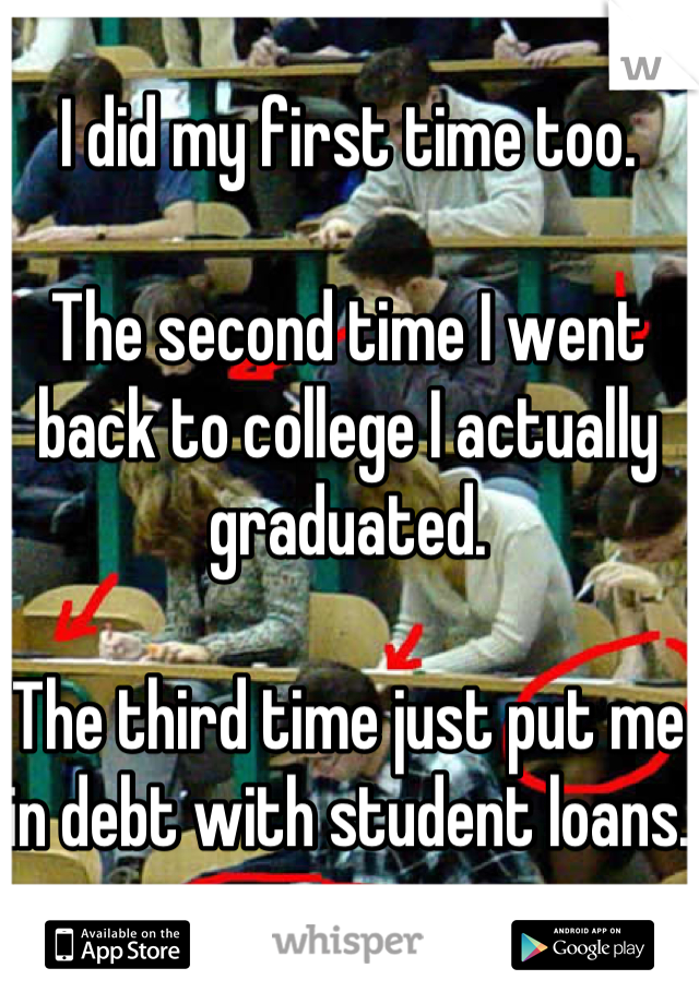 I did my first time too. 

The second time I went back to college I actually graduated. 

The third time just put me in debt with student loans. 
