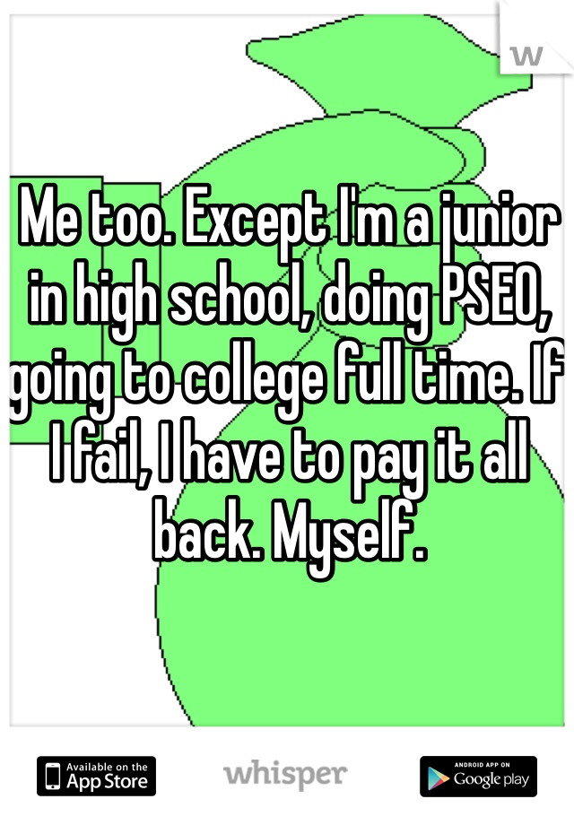 Me too. Except I'm a junior in high school, doing PSEO, going to college full time. If I fail, I have to pay it all back. Myself.