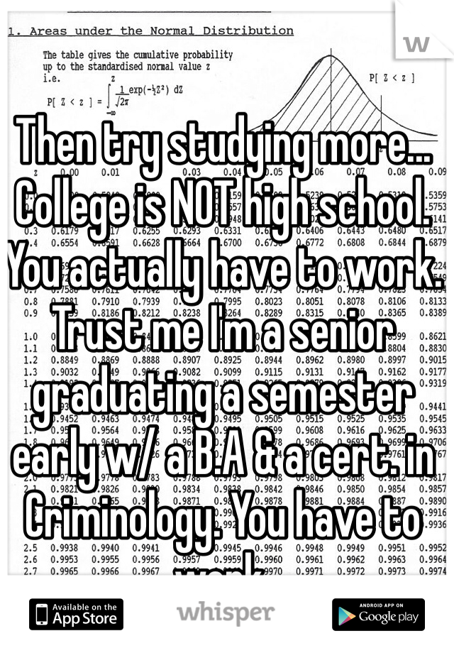 Then try studying more... College is NOT high school. You actually have to work. Trust me I'm a senior graduating a semester early w/ a B.A & a cert. in Criminology. You have to work. 