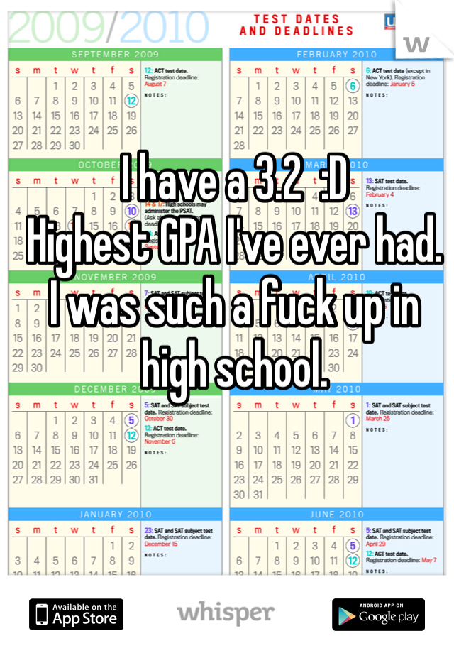 I have a 3.2  :D  
Highest GPA I've ever had. 
I was such a fuck up in high school. 