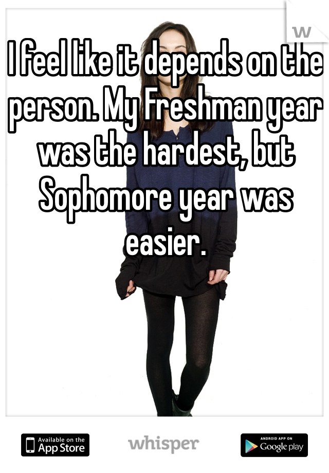 I feel like it depends on the person. My Freshman year was the hardest, but Sophomore year was easier. 