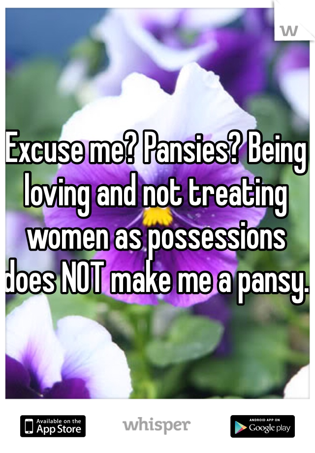 Excuse me? Pansies? Being loving and not treating women as possessions does NOT make me a pansy.