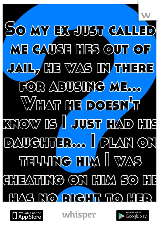 So my ex just called me cause hes out of jail, he was in there for abusing me... What he doesn't know is I just had his daughter... I plan on telling him I was cheating on him so he has no right to her