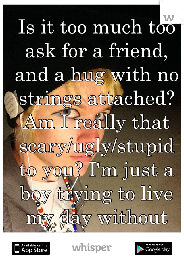 Is it too much too ask for a friend, and a hug with no strings attached? Am I really that scary/ugly/stupid to you? I'm just a boy trying to live my day without being judged.