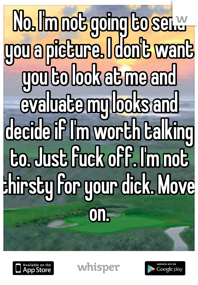 No. I'm not going to send you a picture. I don't want you to look at me and evaluate my looks and decide if I'm worth talking to. Just fuck off. I'm not thirsty for your dick. Move on. 