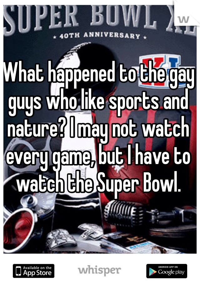 What happened to the gay guys who like sports and nature? I may not watch every game, but I have to watch the Super Bowl.