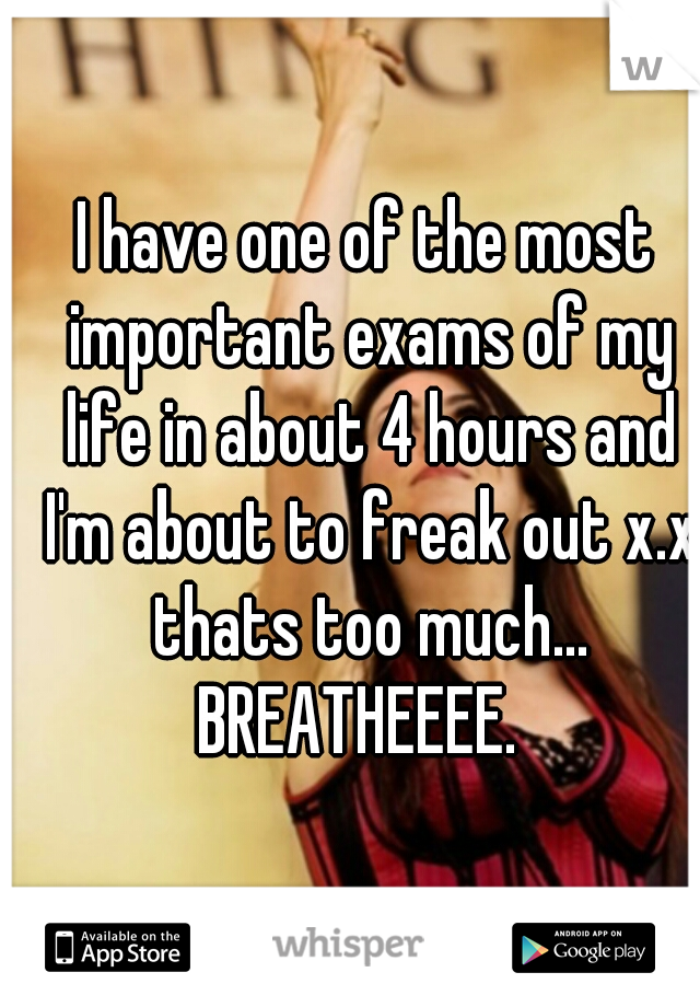 I have one of the most important exams of my life in about 4 hours and I'm about to freak out x.x thats too much... BREATHEEEE.  