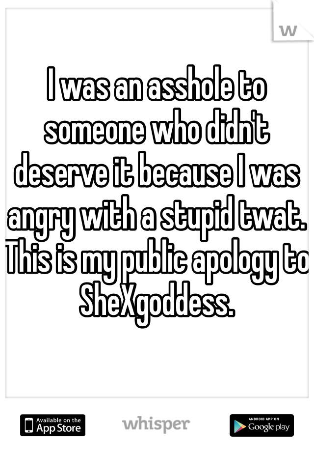 I was an asshole to someone who didn't deserve it because I was angry with a stupid twat. This is my public apology to SheXgoddess. 