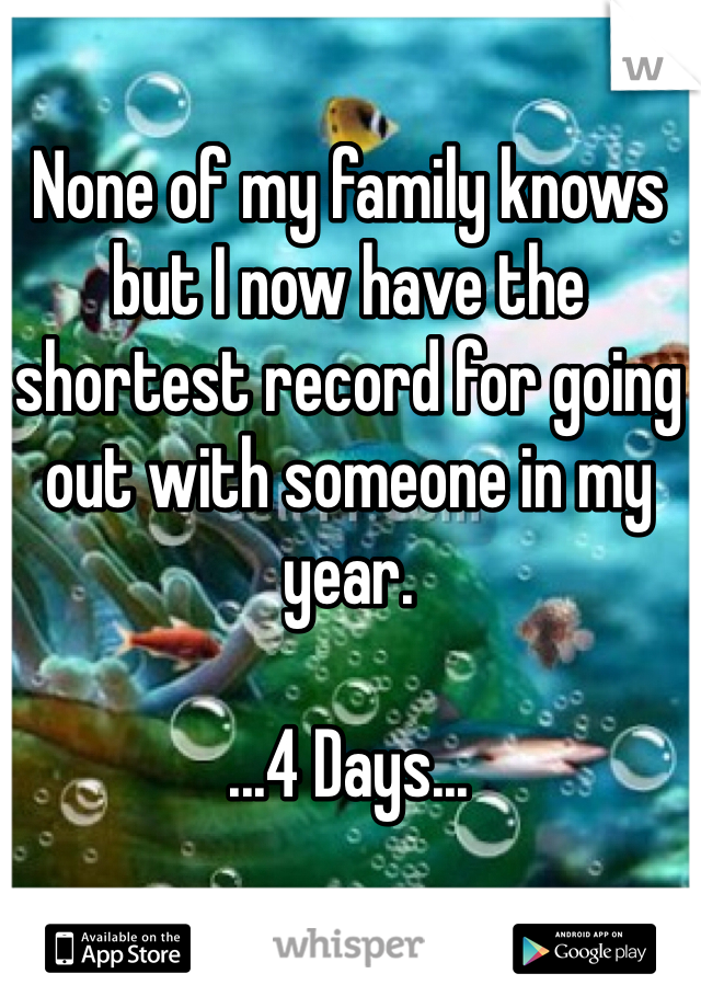 None of my family knows but I now have the shortest record for going out with someone in my year. 

...4 Days...