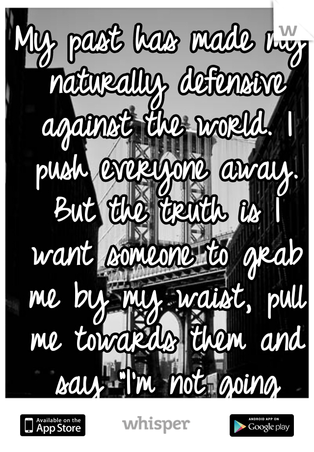 My past has made my naturally defensive against the world. I push everyone away. But the truth is I want someone to grab me by my waist, pull me towards them and say "I'm not going anywhere."  