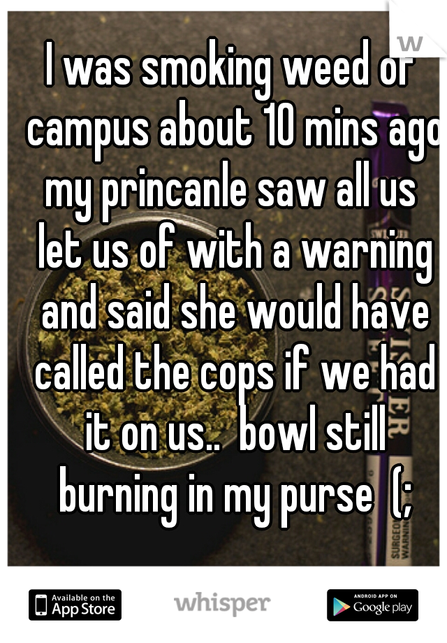 I was smoking weed of campus about 10 mins ago my princanle saw all us  let us of with a warning and said she would have called the cops if we had it on us..  bowl still burning in my purse  (;