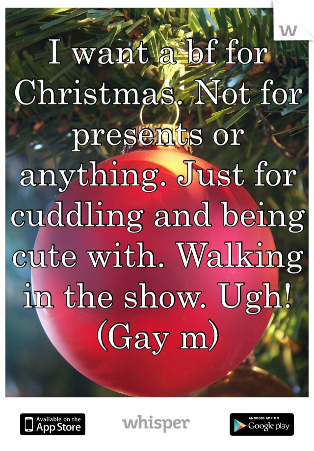 I want a bf for Christmas. Not for presents or anything. Just for cuddling and being cute with. Walking in the show. Ugh! (Gay m)