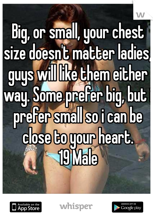 Big, or small, your chest size doesn't matter ladies, guys will like them either way. Some prefer big, but i prefer small so i can be close to your heart.
19 Male