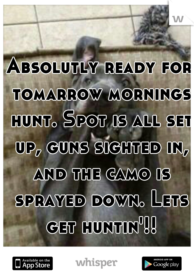 Absolutly ready for tomarrow mornings hunt. Spot is all set up, guns sighted in, and the camo is sprayed down. Lets get huntin'!!