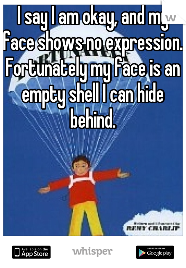 I say I am okay, and my face shows no expression. Fortunately my face is an empty shell I can hide behind.