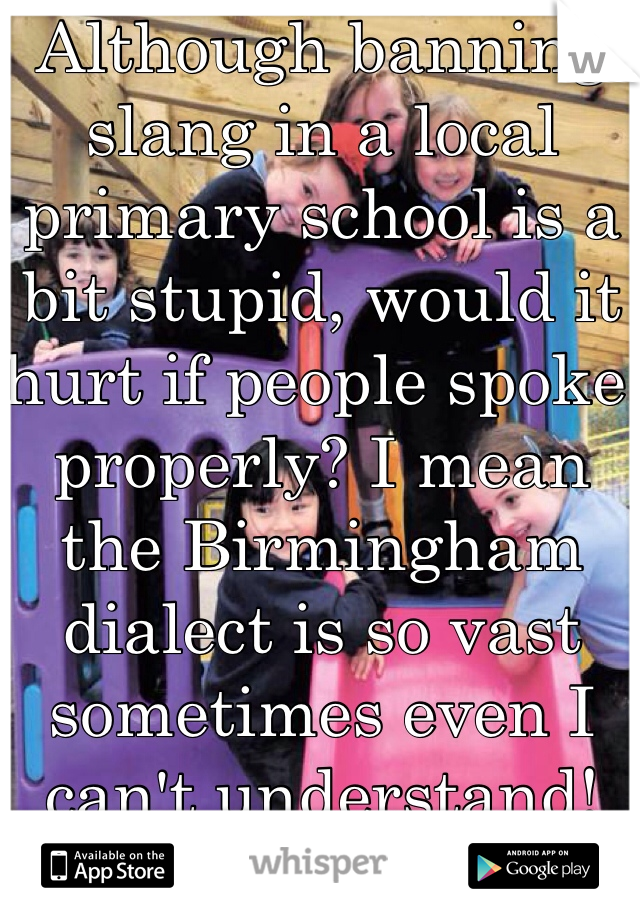 Although banning slang in a local primary school is a bit stupid, would it hurt if people spoke properly? I mean the Birmingham dialect is so vast sometimes even I can't understand!