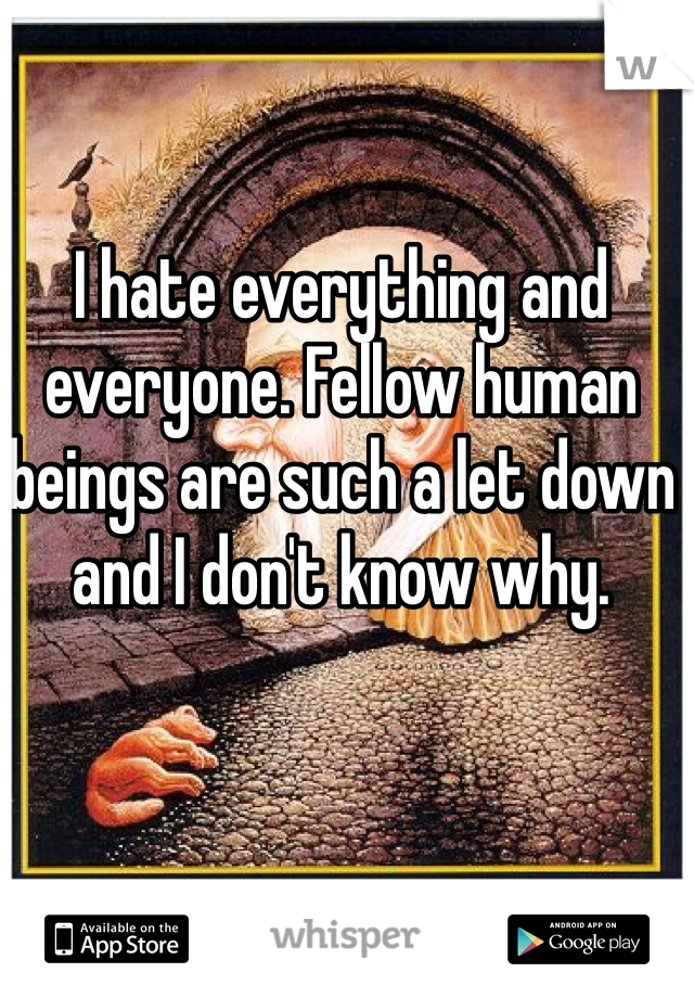 I hate everything and everyone. Fellow human beings are such a let down and I don't know why.