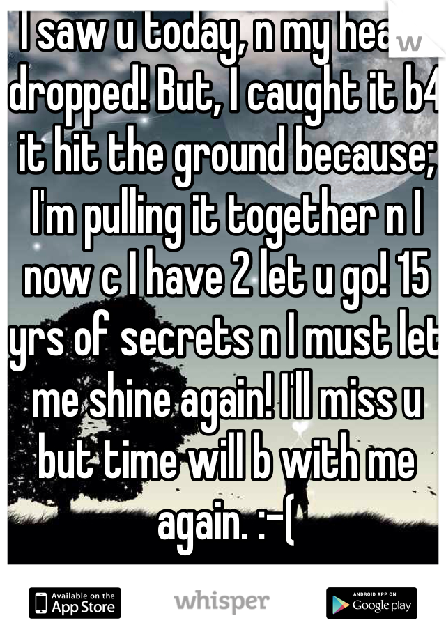 I saw u today, n my heart dropped! But, I caught it b4 it hit the ground because; I'm pulling it together n I now c I have 2 let u go! 15 yrs of secrets n I must let me shine again! I'll miss u but time will b with me again. :-(