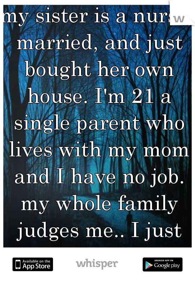 my sister is a nurse, married, and just bought her own house. I'm 21 a single parent who lives with my mom and I have no job. my whole family judges me.. I just pretend to ignore it.  