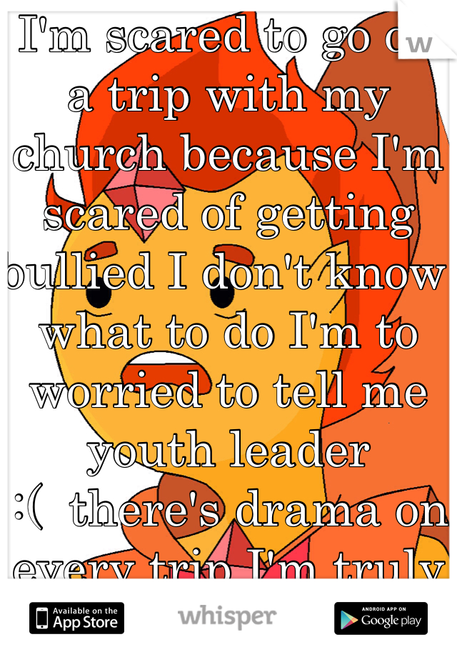 I'm scared to go on a trip with my church because I'm scared of getting bullied I don't know what to do I'm to worried to tell me youth leader 
 :(  there's drama on every trip I'm truly scared 