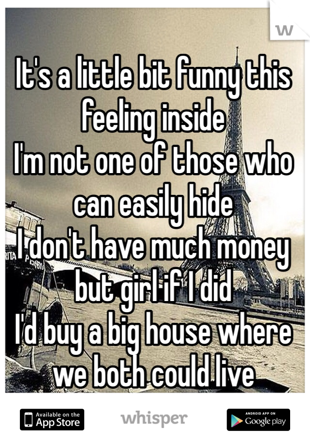 It's a little bit funny this feeling inside
I'm not one of those who can easily hide
I don't have much money but girl if I did
I'd buy a big house where we both could live