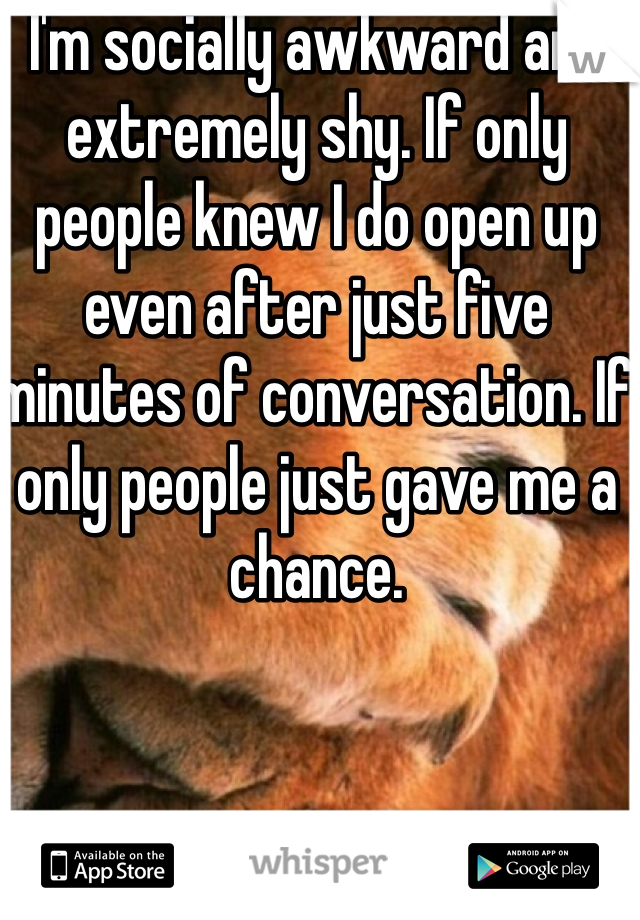 I'm socially awkward and extremely shy. If only people knew I do open up even after just five minutes of conversation. If only people just gave me a chance. 