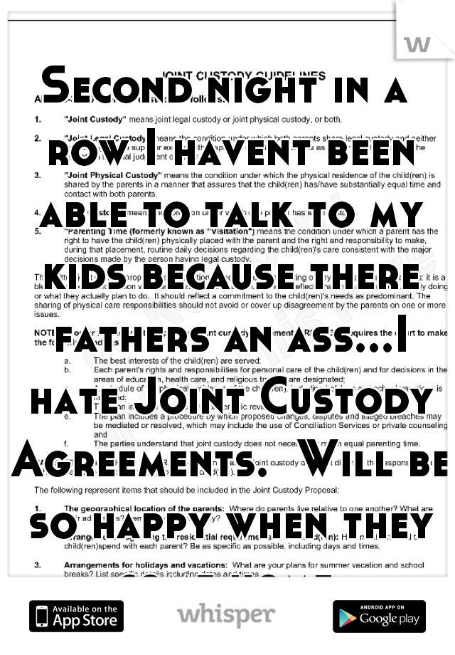 Second night in a row I havent been able to talk to my kids because there fathers an ass...I hate Joint Custody Agreements.  Will be so happy when they come home.