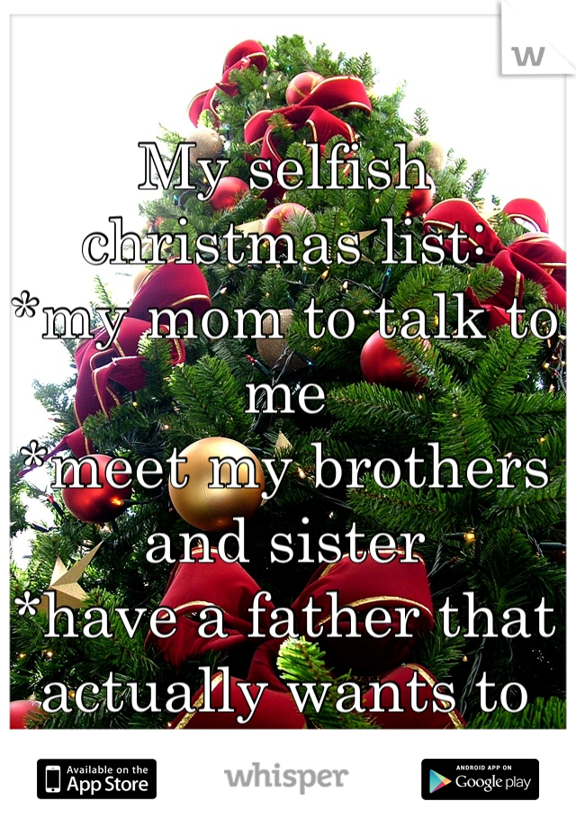 My selfish christmas list:
*my mom to talk to me
*meet my brothers and sister
*have a father that actually wants to see me. 