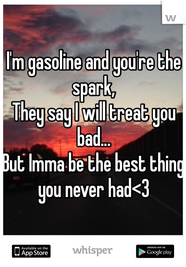 I'm gasoline and you're the spark,
They say I will treat you bad...
But Imma be the best thing you never had<3