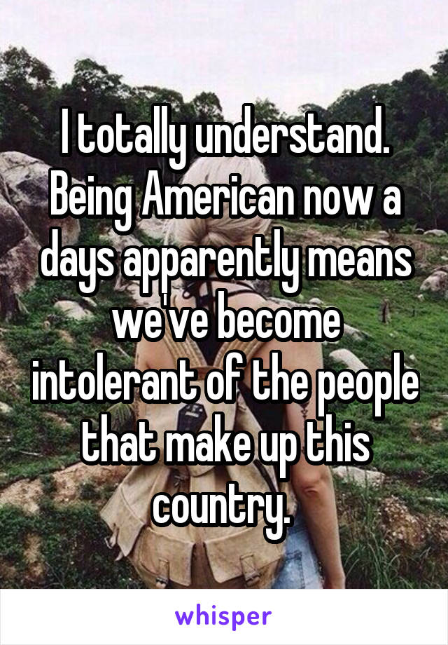 I totally understand. Being American now a days apparently means we've become intolerant of the people that make up this country. 