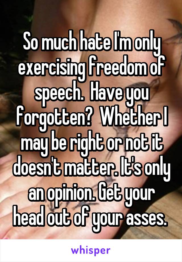 So much hate I'm only exercising freedom of speech.  Have you forgotten?  Whether I may be right or not it doesn't matter. It's only an opinion. Get your head out of your asses. 